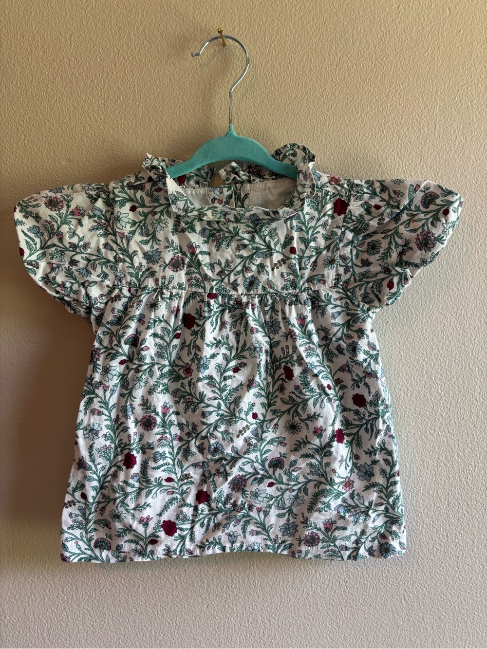 Janie and Jack White Floral Ruffle Neck Top with Green & Red Accents